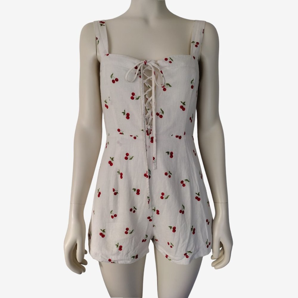 Forever 21 White Cherry Print Sweetheart Lace Up Chest Linen Romper